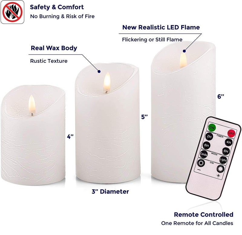 VENTA Set of 3 White Pillar Candles | Real Wax Battery Operated Flickering LED Candles with Remote | Timeless Decor for Farmhouse, Modern & Mantel Displays - Image 2